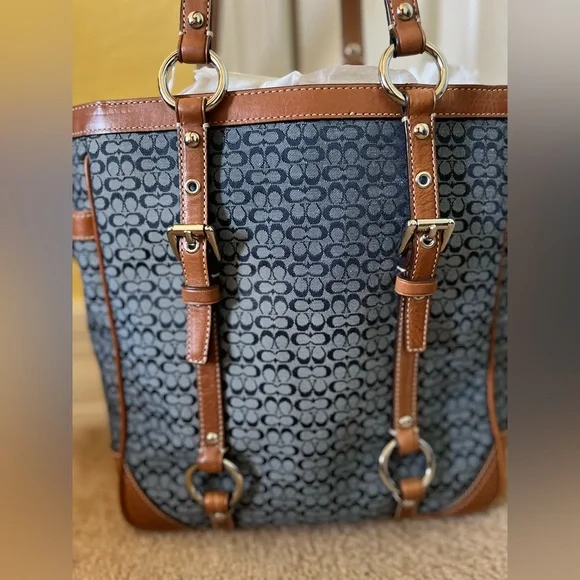 Coach Navy and Brown Bag with Leather Accents - Picture 3 of 10